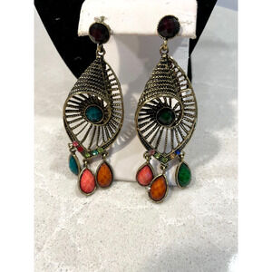 Bohemian Dangle Chandelier Fashion Earrings dark faux gold multi color stones